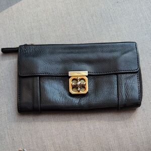 Chloe Elise Long Twist Lock Black and Gold Leather Wallet